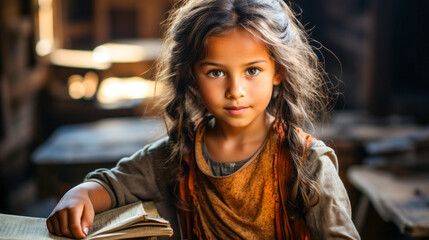 Little Asian girl in sari with book, rural hut and bazaar backdrop.