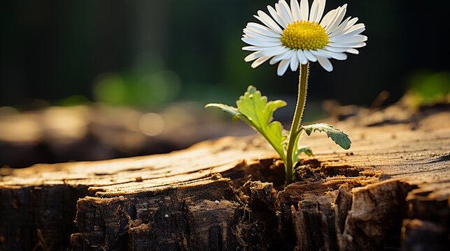 Nature's adaptability, Beautiful delicate desi flower growing in a rotten wood trunk of a forest floor