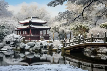 Fotobehang Serene China house winter yard. Temple travel. Generate Ai © juliars