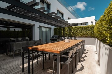 Spacious outdoor table surrounded by a stunning modern house and terrace. Perfect for accommodating multiple guests. Generative AI