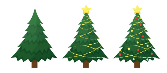 Set of christmas tree decorated with star, balls,lights and without decorations. Vector illustration isolated on white background.