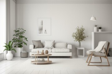 Inviting living room with an empty white wall. Generative AI