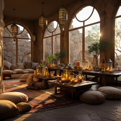  a round stone table with cushions
