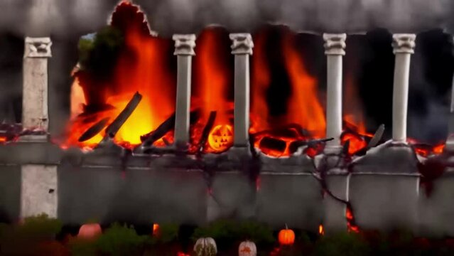 Burning fire, dark pumpkins and a graveyard, a Halloween illustrated, animated spooky short film.