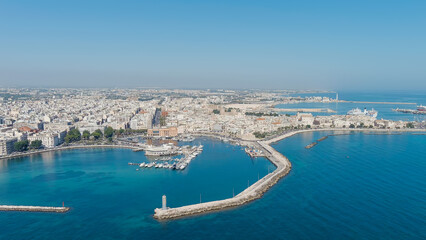 Bari, Italy. The central embankment of the city during the day. Lungomare di Bari. Summer. Bari - a port city on the Adriatic coast, Aerial View