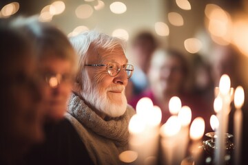 an elderly man blowing out the candles on his birthday cake