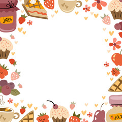 Tea Time border flat. Frame with cakes, glass jar berries jam and tea accessories. Hand drawn set of sweet food ingredient. Vector illustration cartoon style.