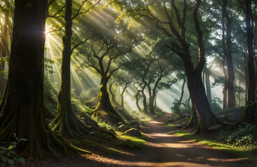 Green forest with sun rays through branches of trees, Scenery of nature with sunlight.
