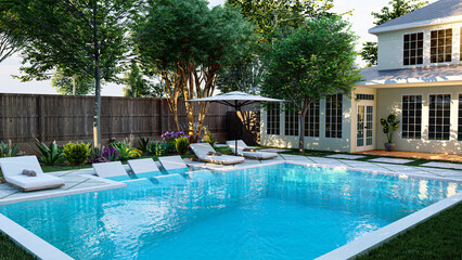 3D modeling and rendering of swimming pool design.