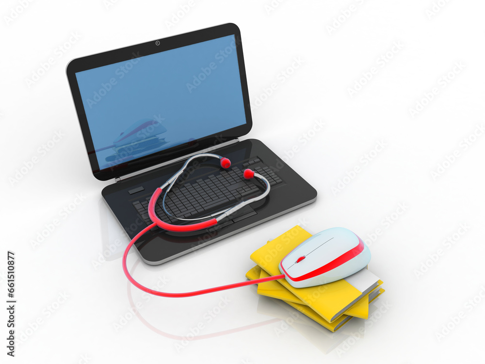 Poster 3d rendering folder with laptop near mouse connected stethoscope