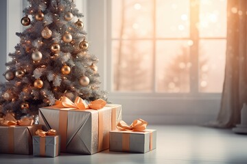 Christmas tree with gifts. Soft focus background with bokeh glowing lights.
