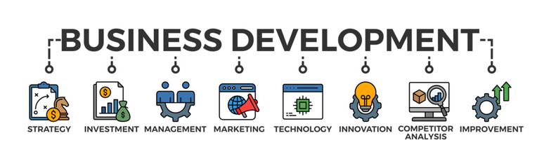 Fototapeta premium Business development banner web icon with icon of strategy investment management marketing technology innovation competitor analysis improvement