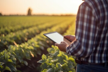 Technological Using tablet digital at agriculture field. Man business. Generate Ai