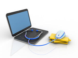 3d rendering Folder with laptop near mouse connected stethoscope