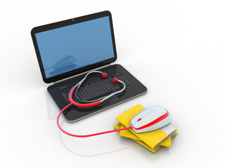 3d rendering Folder with laptop near mouse connected stethoscope