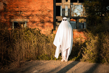 A man in a ghost costume made from a sheet and sunglasses stands near an abandoned building. Ghost...