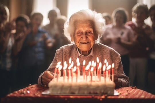 An Elderly Woman Blowing Out The Candles Of Her Birthday Cake