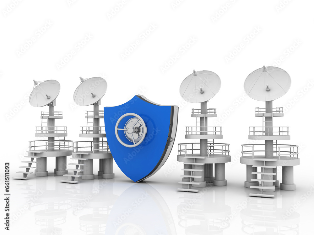Poster 3d rendering satellite dish and spaceship with shield lock