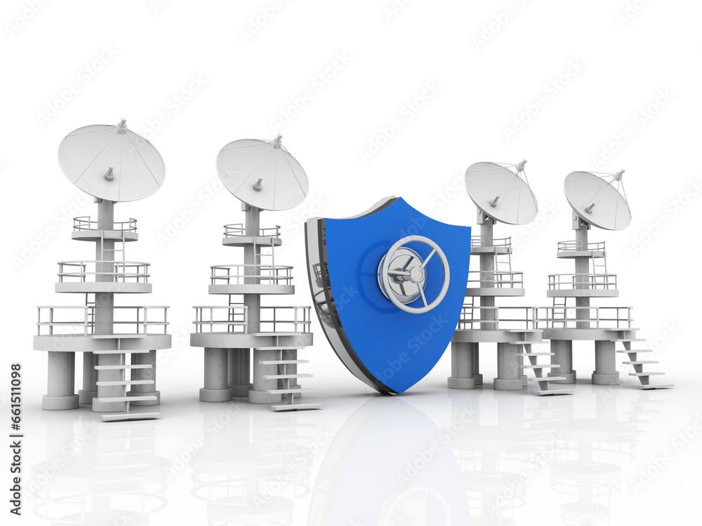 Poster 3d rendering satellite dish and spaceship with shield lock