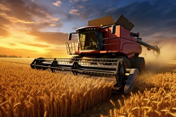 Productive Combine harvest wheat field rural. Work barley. Generate Ai