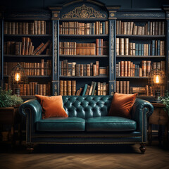 Bookshelves in the library. Large bookcase with lots of books with a sofa, Generative AI