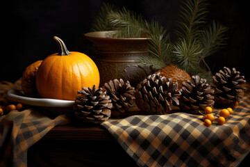 autumn still life photography with pumpkins.