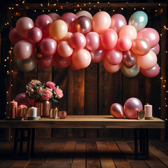 Obraz premium Happy birthday, festive background of balloons around a frame on a wooden table, Generative AI 