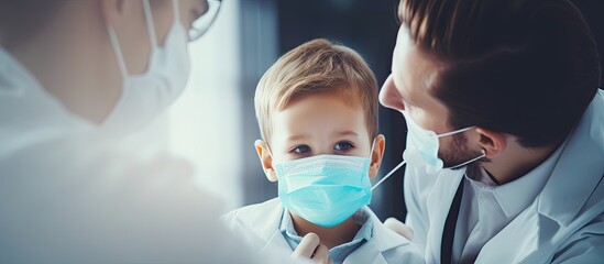 Pediatric doctor checking sick child in mask at health clinic for COVID 19 test Boy coughing undergoing home treatment for virus