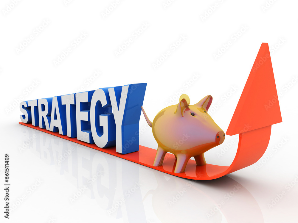 Poster 3d rendering pig coin bank with business graph