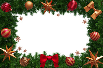 Merry Christmas. New Year's frame made of decorations with balls and fir branches. 3D rendering