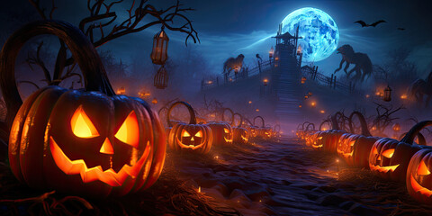 Fototapeta na wymiar halloween 3d render background with pumpkin lanterns. 