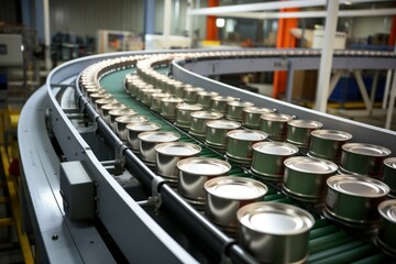 Automated Conveyor canned food. Industry machine. Generate Ai