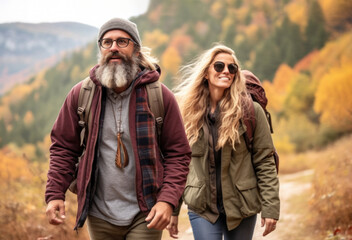 active mature caucasian couple hiking travelling in mountains with backpack, Generative AI