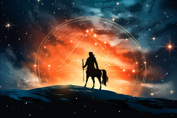 Sagittarius sign, white centaur silhouette, misty sparkle backdrop. - obrazy, fototapety, plakaty