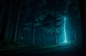Thunderstorm with lightning at night over pine tree with pine tree silhouette.