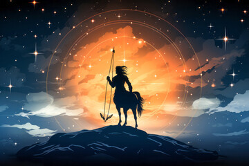 Sagittarius star sign, white centaur silhouette in misty sparkle backdrop.
