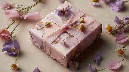 A gift box adorned with delicate floral decorations, such as pressed flowers. AI generated