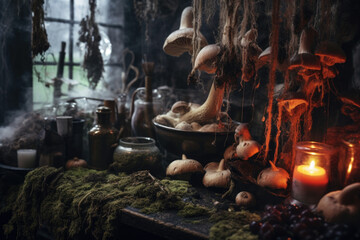 Witchcraft witch interior, potion, herbs ingredients candles and magical equipment, halloween inspiration, Generative AI