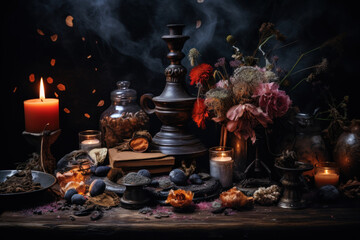 Witchcraft witch interior, potion, herbs ingredients candles and magical equipment, halloween inspiration, Generative AI