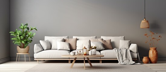 Stylish living room with gray sofa wooden coffee table pillows and elegant accessories With copyspace for text