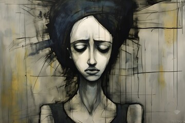 Gloomy illustration of a sad woman depicting worries and bad feelings - obrazy, fototapety, plakaty