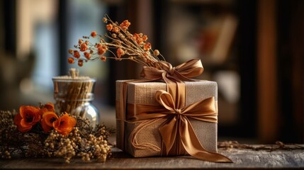 A gift box adorned with rustic-inspired decorations. AI generated