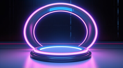 Fototapeta na wymiar Neon style circle mockup in spaceship. Blue and pink modern hologram illuminated in futuristic. ai