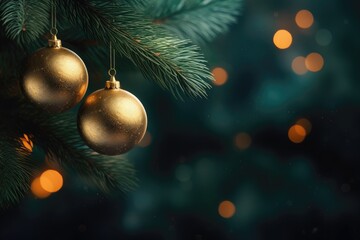 Christmas tree green spruce branch with golden christmas ball on bokeh background. with copy space