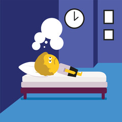 Sleepless man thinking sadly while lying in bed at midnight.