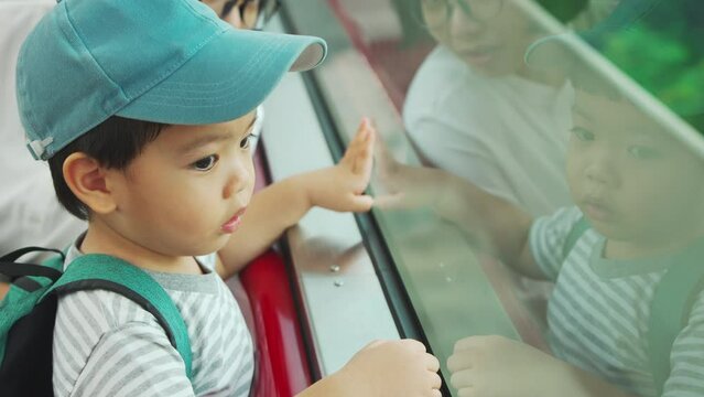 Asian Chinese Mother And Her Little Son Sitting In Commuter Train And Looking Through The Window. Public Transportation.