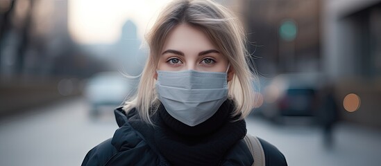Girl wearing face mask on city street to protect against COVID 19 Close up of woman with mask against SARS CoV 2