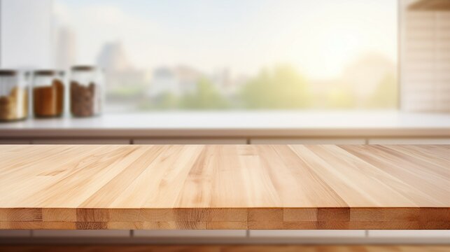 Empty Beautiful wood table top and blur bokeh modern kitchen interior background in clean and bright, Ready for product montage