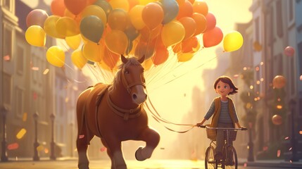 Fototapeta na wymiar simple illustration of a child playing with lots of big balloons and a horse-drawn carriage