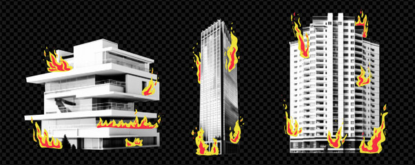 Kit with collage elements of houses in halftone style. Skyscrapers cut out from magazine with colorful fire doodles on transparent background. Vector trendy illustration.